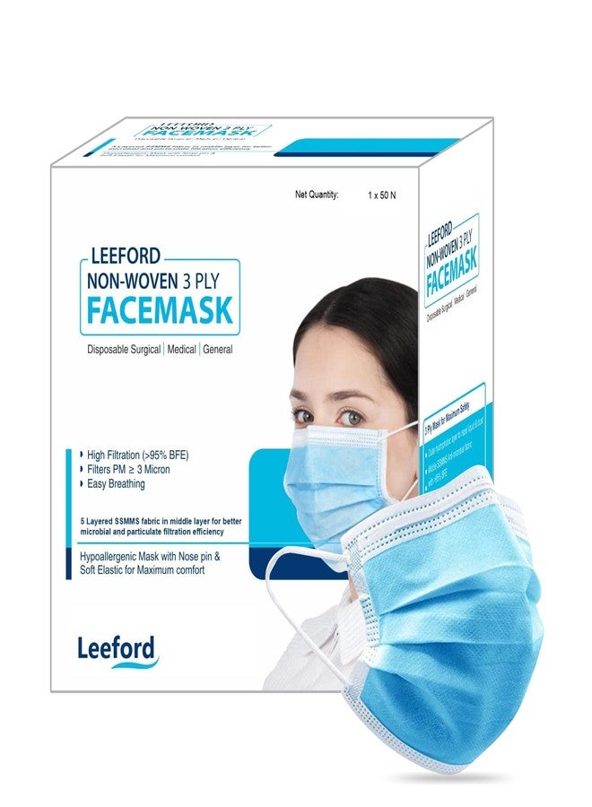 Leeford 3 Ply Disposable Face Mask | Surgical & Medical Grade | High Filtration >95% BFE | Easy Breathing & Hypoallergenic | Nose Pin & Soft Ear Loops for Unisex | 50 Count Pack - Image 1